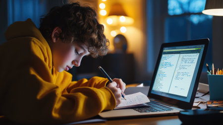 A young student writing notes during an online class, with a laptop screen showing a virtual lecture in progressの素材
