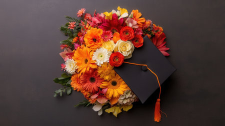 An artistically designed image of a graduation cap made entirely out of vibrant flowersの素材