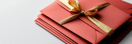A stack of glossy red envelopes tied with a luxurious gold ribbon, placed neatly on a white backgroundの素材