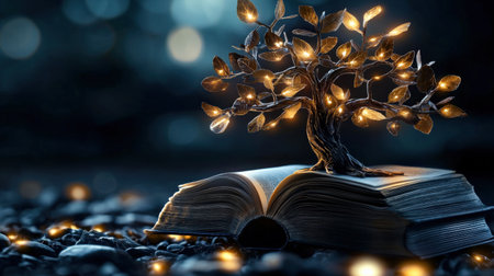A tree of knowledge with glowing books as fruits, symbolizing growth through learningの素材