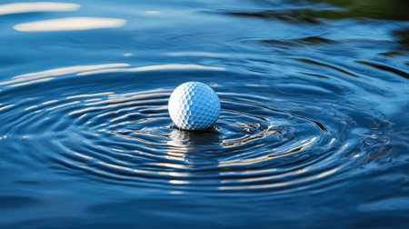 A golf ball captured mid-splash as it hits the surface of a tranquil water hazard, ripples spreading outward under bright blue skiesの素材