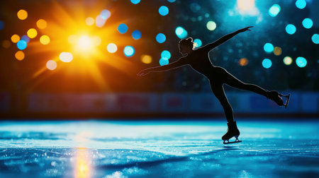 A figure skater gracefully gliding across the ice, arms extended in a dramatic poseの素材