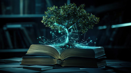 A symbolic image of a tree growing out of a stack of books, with its branches forming glowing knowledgeの素材
