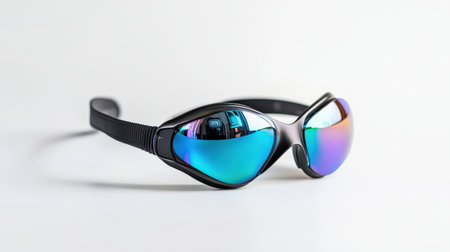 Vibrant swim goggles resting on a clean white surface, designed for professional swimmersの素材