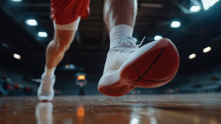 Close-up of a basketball dribbling on the courtの素材
