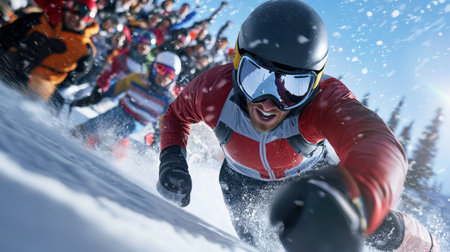 An intense ice cross downhill race featuring athletes speeding down an icy track surrounded by cheering fansの素材