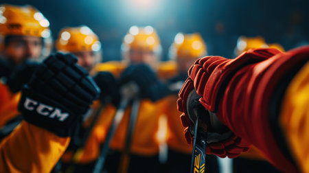 A hockey team huddling before the game, sticks clinking together in camaraderieの素材
