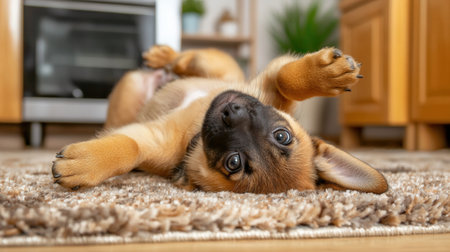 A playful puppy lying on its back on a soft rug, looking up with curious eyesの素材