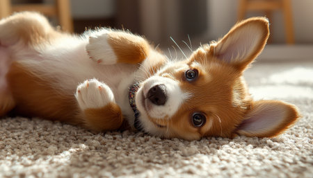 A playful puppy lying on its back on a soft rug, looking up with curious eyesの素材