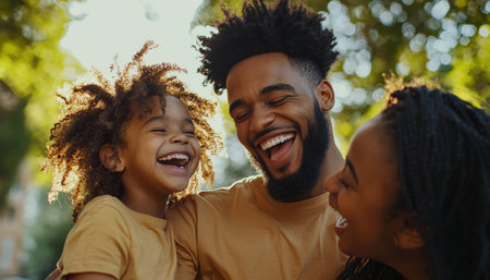 A happy family laughing together in a park under soft sunlight, surrounded by greeneryの素材