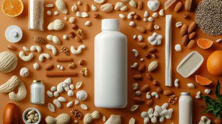 A creative flat-lay of plant-based milk bottles surrounded by fresh nuts and seedsの素材