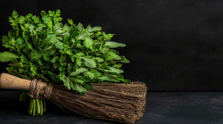 Bunch of fresh green mint on black background with copy space.の素材