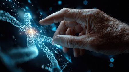 A hand is touching a DNA strand on a computer screen. Concept of the importance of genetics and the role of DNA in our lives. Scene is serious and contemplative, as it highlights the complexityの素材