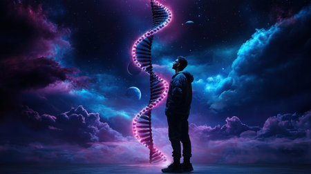 A man stands in front of a DNA strand, looking up at it. The sky is filled with clouds and stars, creating a sense of wonder and mystery. Concept of the complexity and beauty of lifeの素材