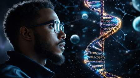 A man is looking at a DNA strand. The image is a representation of the DNA structure and the man's gaze is focused on it. Scene is one of curiosity and fascinationの素材
