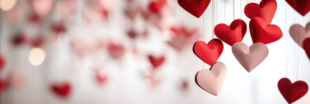 Red hearts hanging on strings. Valentine's day concept. 3D Renderingの素材