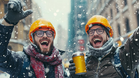 Two engineers in hard hats and scarves, holding thermos cups and celebrating in the winter coldの素材