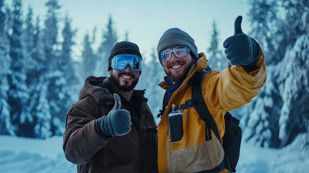 Two engineers giving a thumbs-up, smiling and celebrating in a snowy field of an industrial winter siteの素材