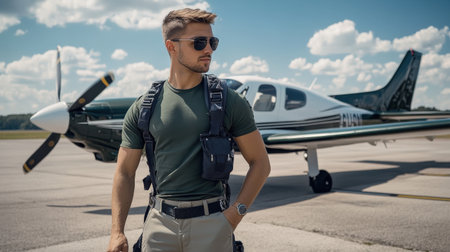 A skilled pilot performing a pre-flight check on an aircraft, ensuring everything is in perfect orderの素材