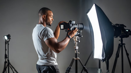 A professional photographer setting up lighting equipment for a studio portrait sessionの素材