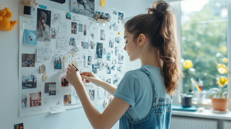 A young woman creating a vision board filled with inspirational images and affirmations for successの素材