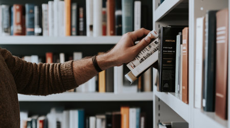 A person arranging new books on a shelf, organizing their collection for the first timeの素材