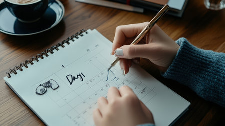 A person writing 'Day 1' on a blank calendar, symbolizing the start of something newの素材