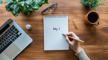 A person writing 'Day 1' on a blank calendar, symbolizing the start of something newの素材