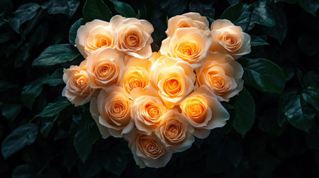 A bouquet of glowing roses arranged in the shape of a heartの素材
