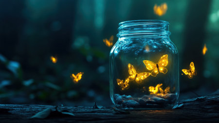 A glowing jar of fireflies forming heart shapes in the darkの素材