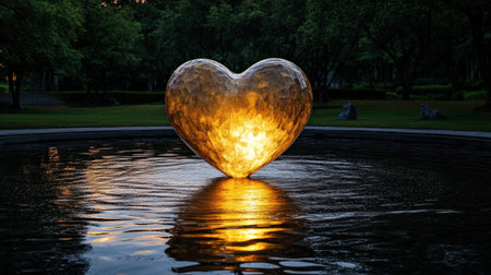 A glowing heart sculpture in the middle of a serene pond at nightの素材