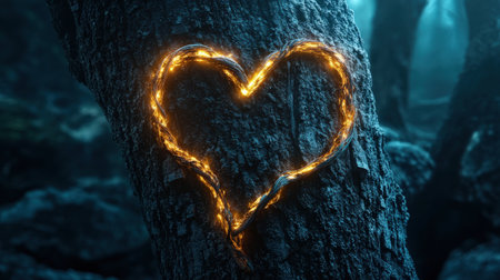 A glowing vine wrapping around a tree trunk in the shape of a heartの素材