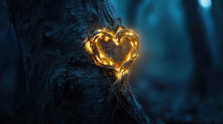 A glowing vine wrapping around a tree trunk in the shape of a heartの素材