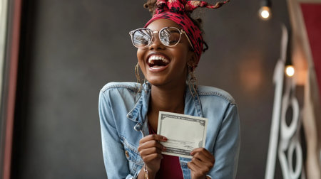 A person smiling while holding their first paycheck from a new job, representing a fresh startの素材
