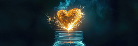A top view of glowing heart-shaped sparklers in a mason jar centerpieceの素材