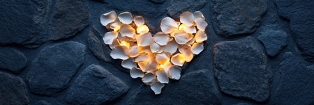 A top view of glowing petals arranged in the shape of a heart on a stone surfaceの素材