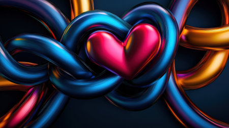 A creative design of intertwined hearts glowing in vibrant neon colors on a dark backdropの素材