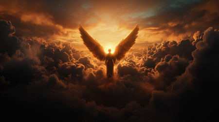 A radiant angel with wings spread wide, glowing softly amidst the cloudsの素材