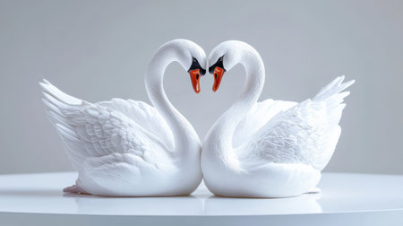 A pair of swan-shaped figurines forming a heart with their necks, standing on a pure white surfaceの素材
