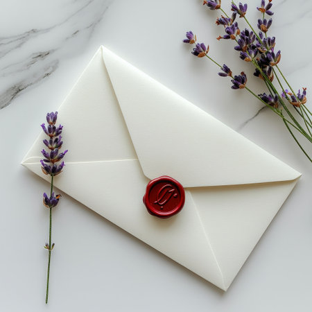 A love letter with a red wax seal and a small bouquet of lavender on a white surfaceの素材