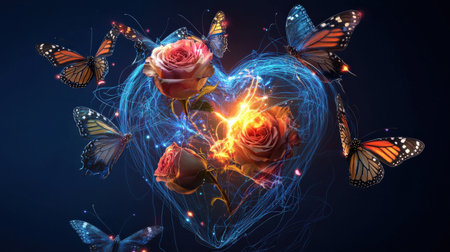 A vibrant illustration of roses blooming out of a glowing heart, surrounded by butterfliesの素材