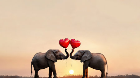 Two elephants holding red heart-shaped balloons with their trunks, smiling under a watercolor sunsetの素材