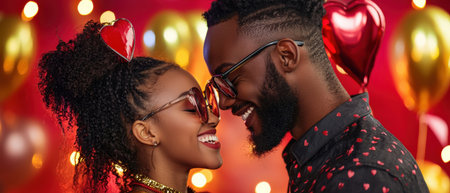 Valentine couple in matching outfits sharing a heartfelt moment in a love-themed photo sessionの素材