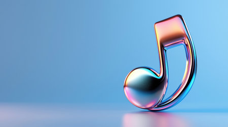 A shiny silver musical note is on a blue background. The note is tilted and he is floating in the air. Concept of lightness and playfulness, as if the note is dancing or floating on the surfaceの素材