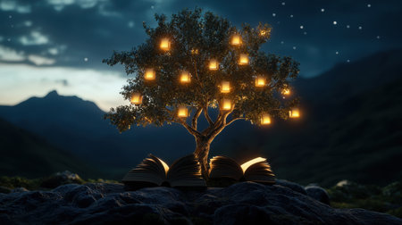 A tree with many lights on it is surrounded by books. Scene is peaceful and serene, as the tree and books seem to be in harmony with each other. The lights on the tree add a warmの素材
