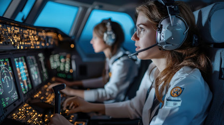 Two women pilots are in the cockpit of an airplane. One of them is wearing a headset. The cockpit is lit up with a blue lightの素材