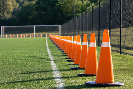 A field with orange cones lined up in a row. The cones are placed in a row on the grass, with some of them closer to the camera and others further awayの素材