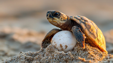 A baby turtle is laying on the sand with an egg on its back. The scene is peaceful and serene, with the turtle and egg blending in with the natural surroundingsの素材