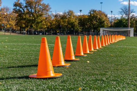 A row of orange cones on a green field. The cones are arranged in a line, with some of them placed closer together and others further apartの素材