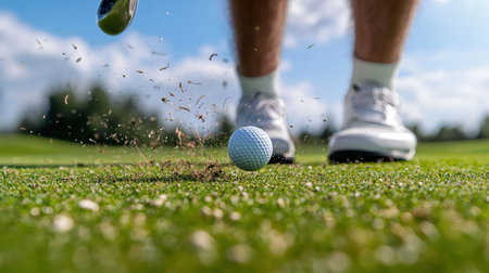 A man is playing golf and has just hit a ball. The ball is in the air and is about to land on the groundの素材